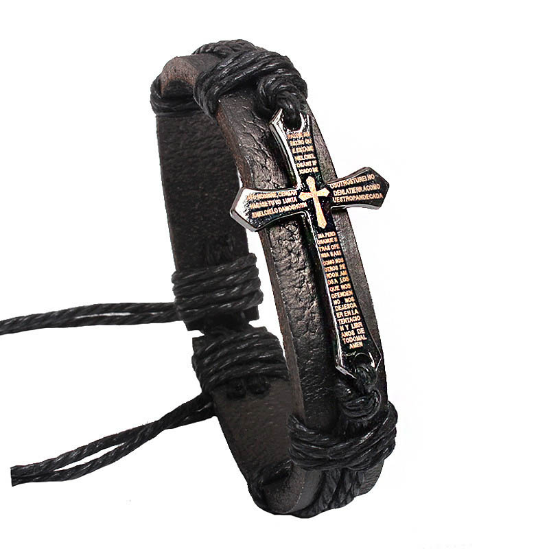 Fiasrel Mens Jewelry Scripture Cross Bracelet Jewelry Leather Woven Bracelet Couple Jewelry