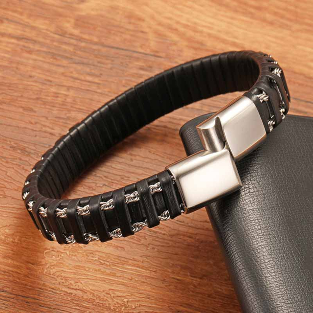 Fiasrel Vintage Charm Bracelets Stainless Steel Fancy Braided Leather Bracelet