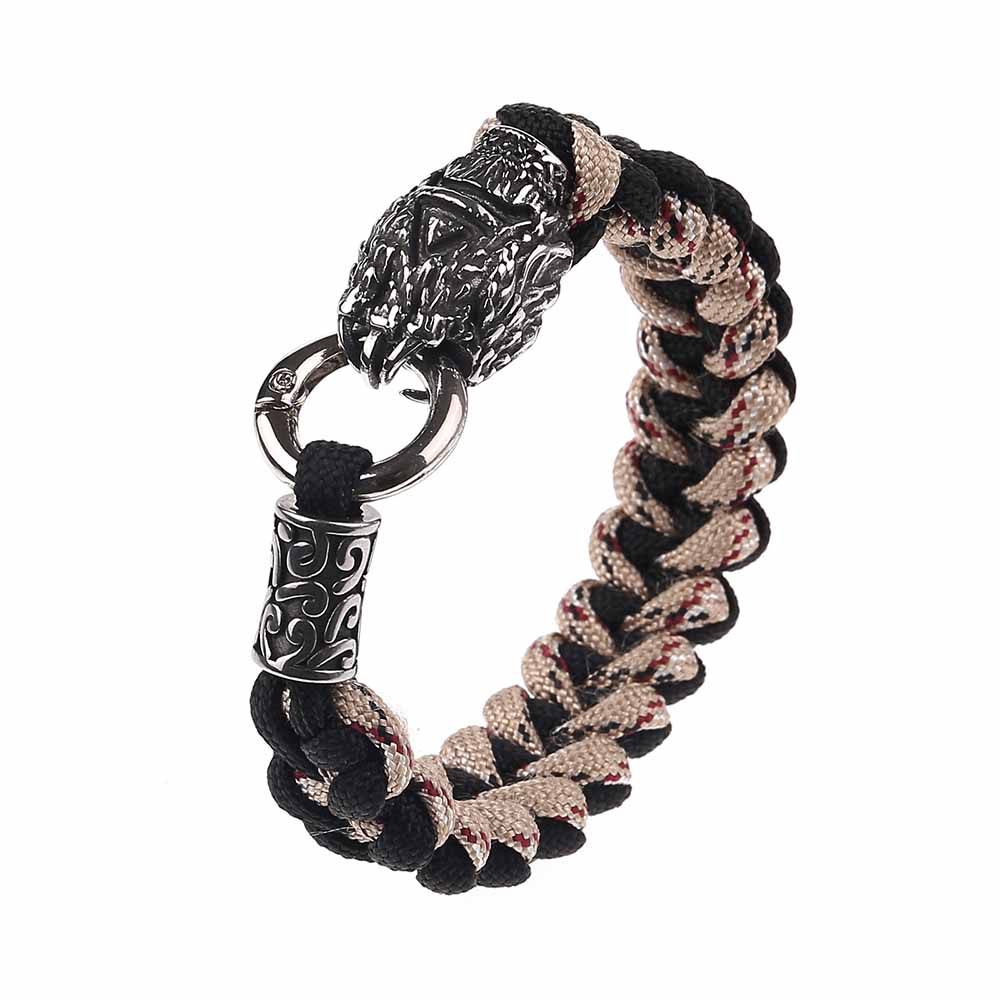 Fiasrel Handmade Paracord Wristband Stainless Steel Wolf Head Viking Bracelet Jewelry