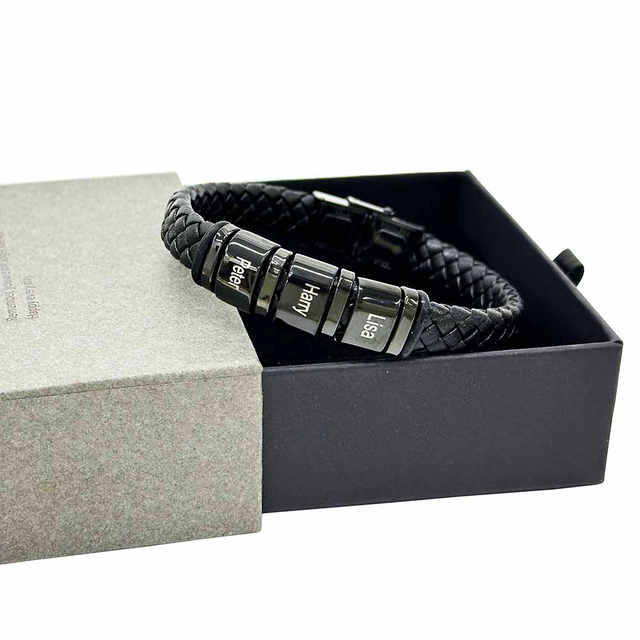 Fiasrel Custom Weave Man Leather Bracelet Stainless Steel Personalized Engraved Name Bead Bracelet for Men Jewelry
