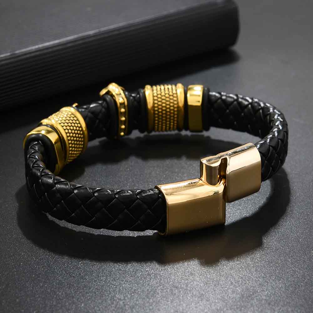Fiasrel Stainless Steel Gold Plated Magnetic Christian Cross Leather Bracelets