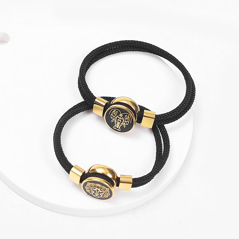 Fiasrel 12 Constellations Zodiac Sign Charm Rope Leather Adjustable Cord Bracelet Titanium Steel Retro Black Rope Bracelet