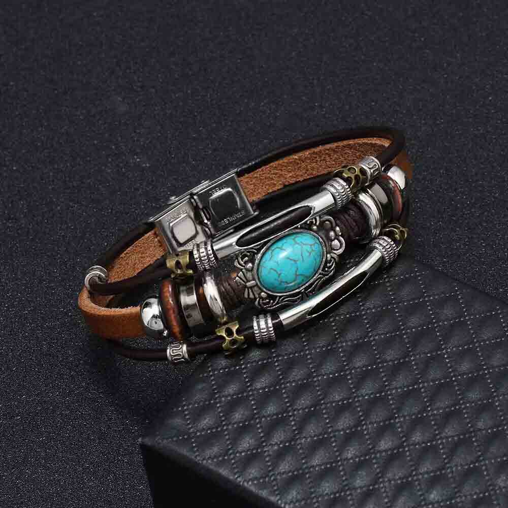Fiasrel Beaded Leather Bracelet Men's Turquoise Stainless Steel Bracelet