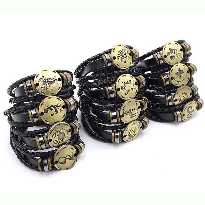 Fiasrel Zodiac Sign Horoscope Men's Leather Bracelet Vintage Retro Charm Wristband Male Jewelry Gifts