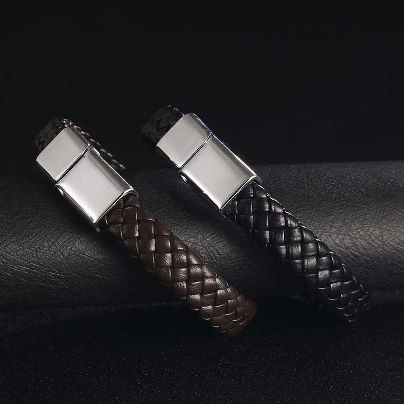 Fiasrel Jewelry Handmade Woven Genuine Leather Band Bracelet With Button Magnet Buckle