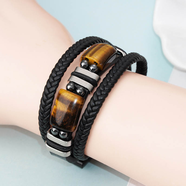 Fiasrel Multi-layer Natural Tiger Eyes Stone Leather Alloy Magnetic Clasp Bracelet Charm Jewelry