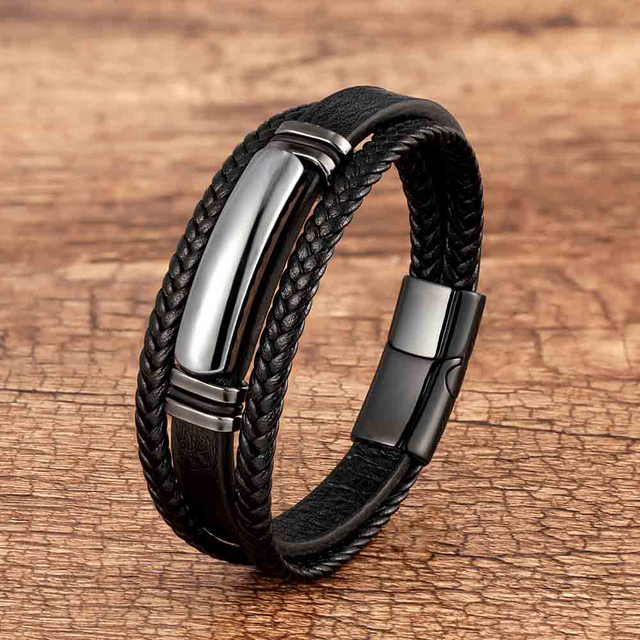 Fiasrel Stainless Steel Magnetic Clasp Multi-layer Handmade Woven Genuine Leather Bracelets
