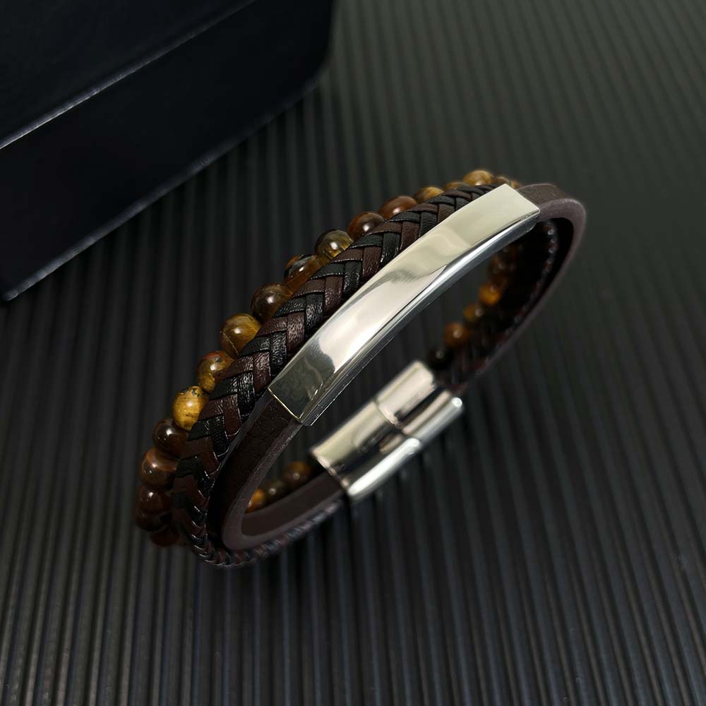 Fiasrel Leather Tiger-Eye Beads Bracelet Men Engraved Adjustable Magnetic Clasp Steel Wristband Braide Bracelet