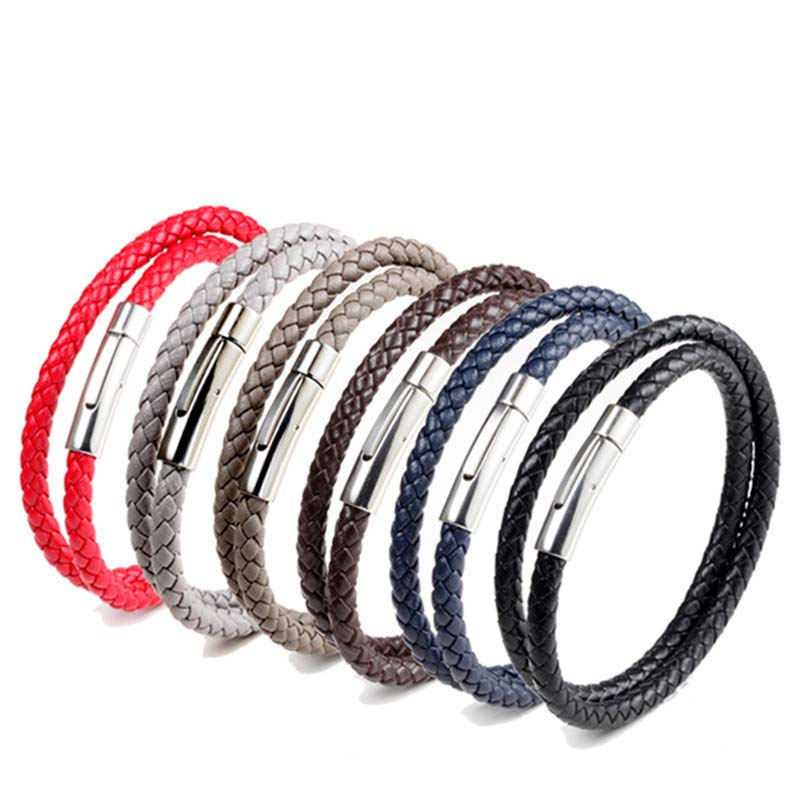 Fiasrel Titanium Steel Braided Leather Bracelet Simple Colourful Weave Rope Leather Bracelet String Magnetic Buckle Leather