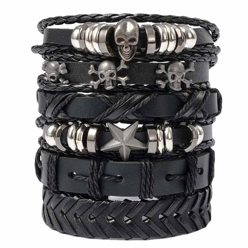 Fiasrel 6pcs/Set Domineering Punk Charm Bracelet Adjustable Lucky Star Wrap MultiLayer Leather Bracelet