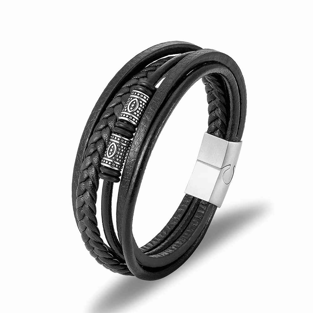 Fiasrel Multi Layer Vintage Pu Leather Bracelet Stainless Steel Spacer Beads Stackable Braided Leather Bracelet