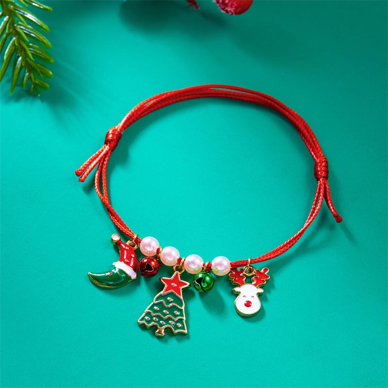 Fiasrel Christmas Handwoven Braided Bracelet Santa Claus Xmas Tree Snowman Crutch Wreath Bell Beaded Adjustable Bracelets