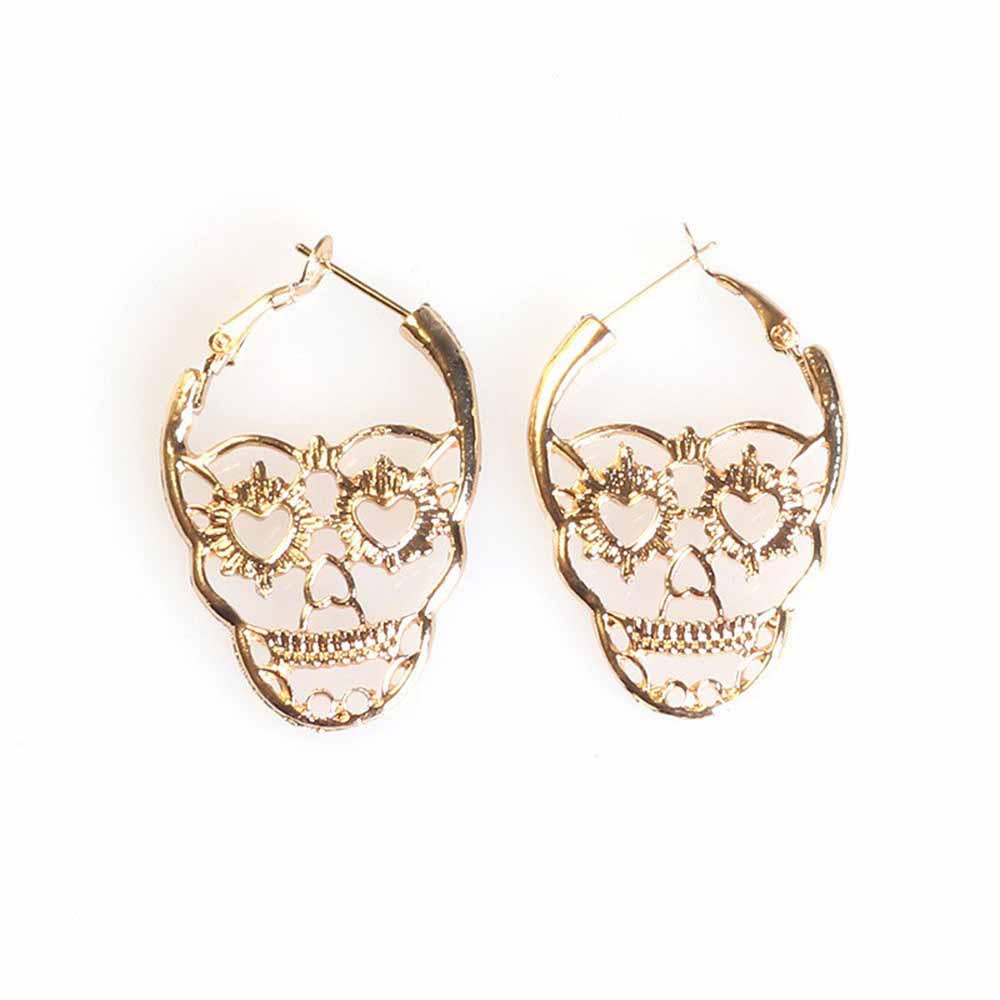 Fiasrel 1pair Spooky Skull Featured Silver Plated Halloween Drop Hoop Earrings for Women Girls