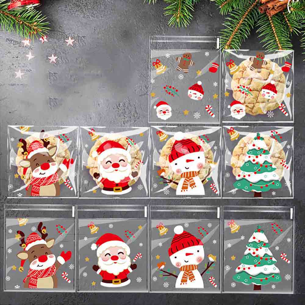 Fiasrel 100pcs/bag Christmas Opp Bags Self-adhesive Candy & Cookie Christmas Bags