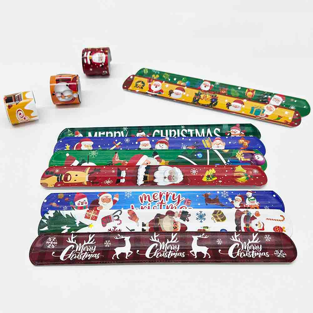 Fiasrel 12pcs Christmas Slap Bracelets Santa Claus Snowflake Elk Xmas Tree Print Pop Circle Toys Merry Christmas