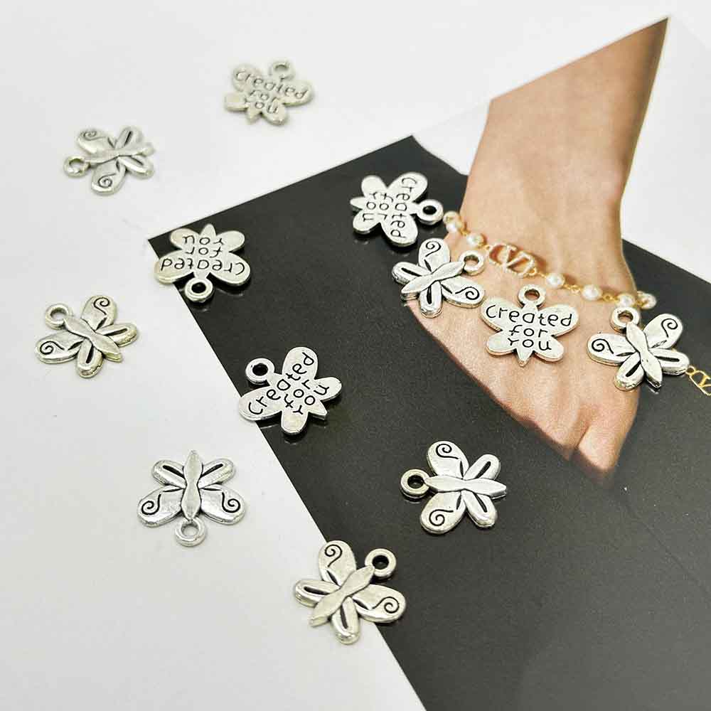 Fiasrel 10/50pcs Butterfly Shape 'Created for You' Pendant Engraved Alloy Butterfly Link Charms