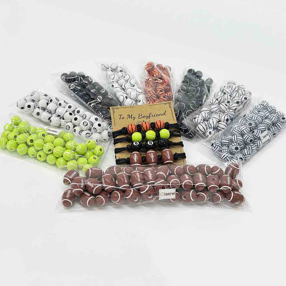 Fiasrel 50pcs 8-15mm Sports Series Basketball Volleyball Rugby Baseball Billiards Rugby Tennis Loose Acrylic Beads for Jewelry Making DIY Bracelet Necklace Key Bag Chain Handmade Craft Supplies