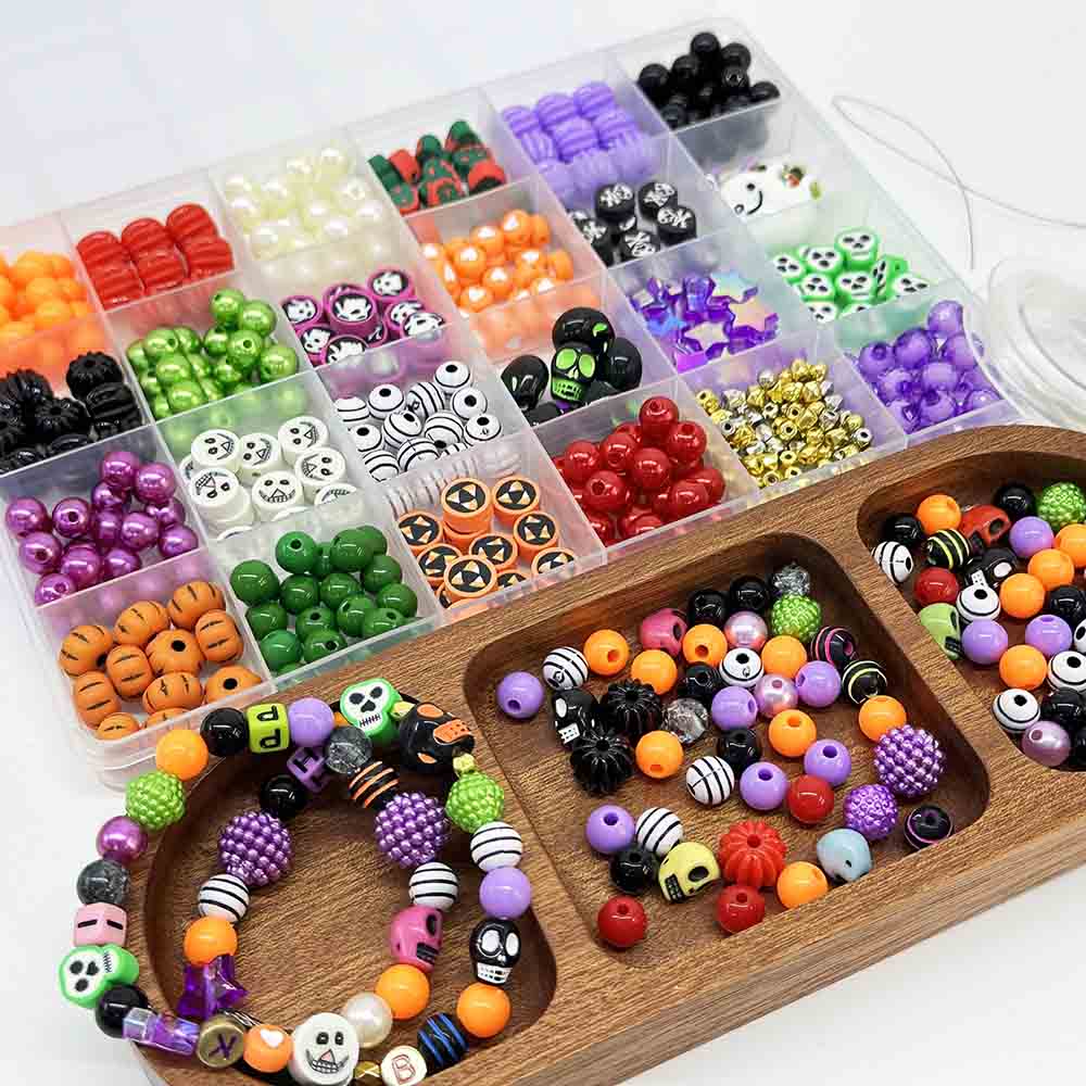 24-Grid Halloween Polymer Clay Resin Beaded Jewelry Kit: Halloween DIY Jewelry Making Kit Supplies with Spacer Beads Charms Accessories
