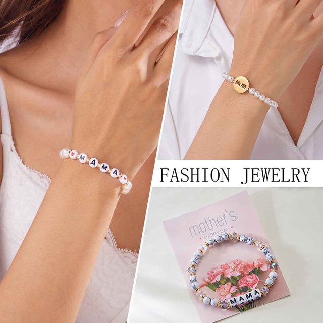 Fiasrel Pearl Bracelet With Letter MOM Pendant Mother's Day Gift Bracelet