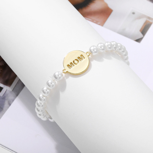 Fiasrel Stainless Steel Gold Plated Plate Engraved Name Bracelet Pearl Beaded Elastic Bracelets