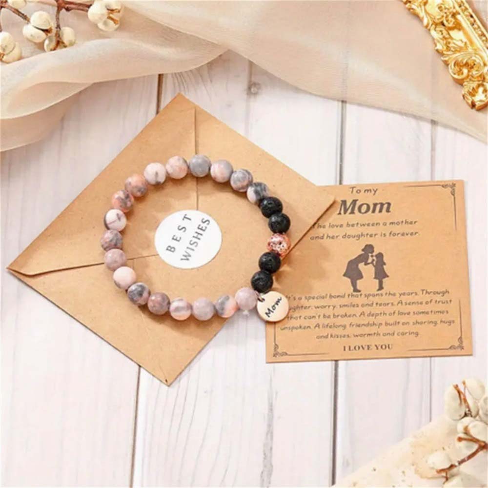 Fiasrel Mama Birthday Mother's Day Gifts Heart Pendant Bracelets Diffuser Natural Stone Beaded Bracelet