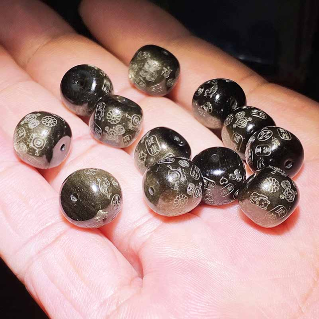 Fiasrel Golden Obsidian Auspicious Beads - Pixiu Totem Barrel Beads with Blessing Inscriptions Safe & Happy Jewelry Components