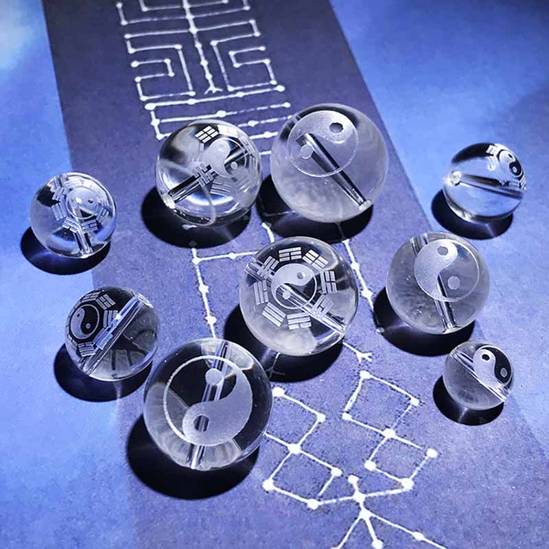 Fiasrel Bagua Beads Natural White Quartz | Taiji & I-Ching Taoist Mala Beads | Yin-Yang Fish Sacred Geometry Jewelry Components