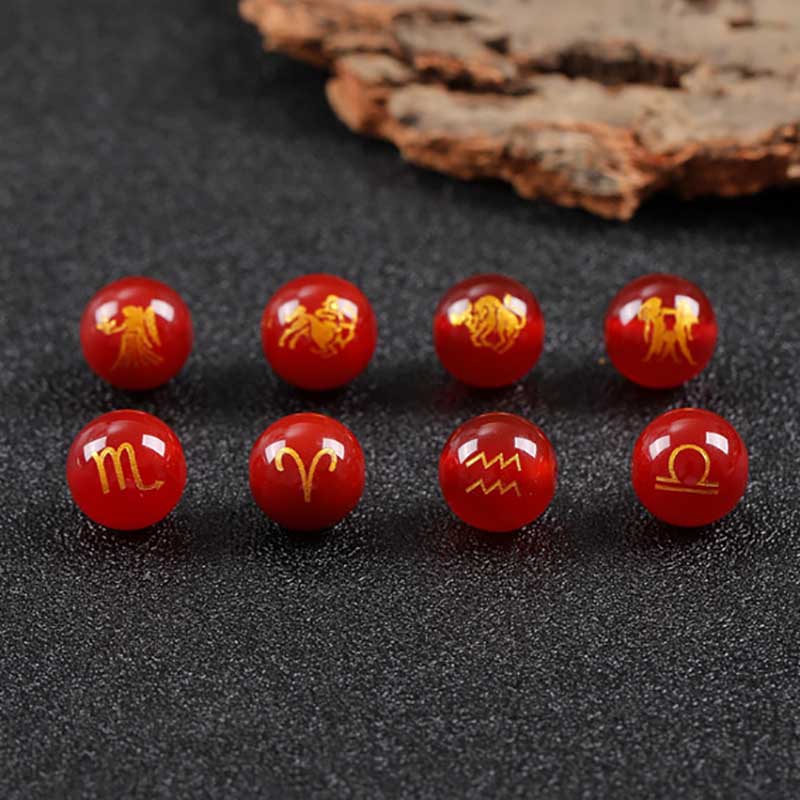 fiasrel 1bundle Gold-Foiled Engraved Zodiac Beads – Loose Gemstone Beads Red Agate for DIY Jewelry Making