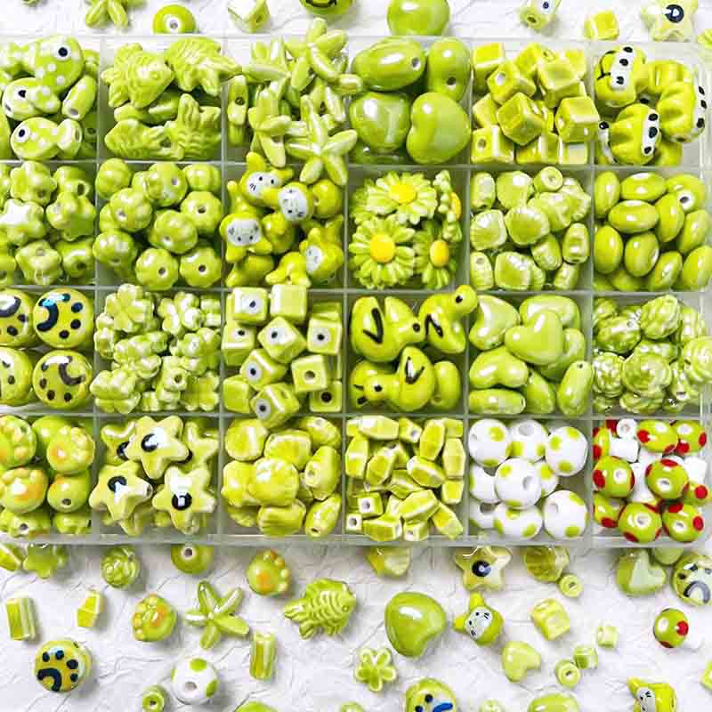 fiasrel 1bundle Green-toned Ceramic Loose Beads Set for DIY Bracelets Round, Heart, Star & Novelty-shaped Handmade Beading Supplies