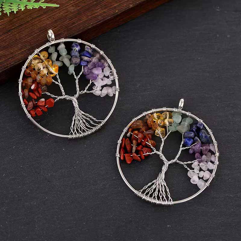 fiasrel Natural Stone Crystal Tree of Life Pendant - Colorful Wire Wrapped Money Tree Necklace DIY Jewelry Pendant Accessory
