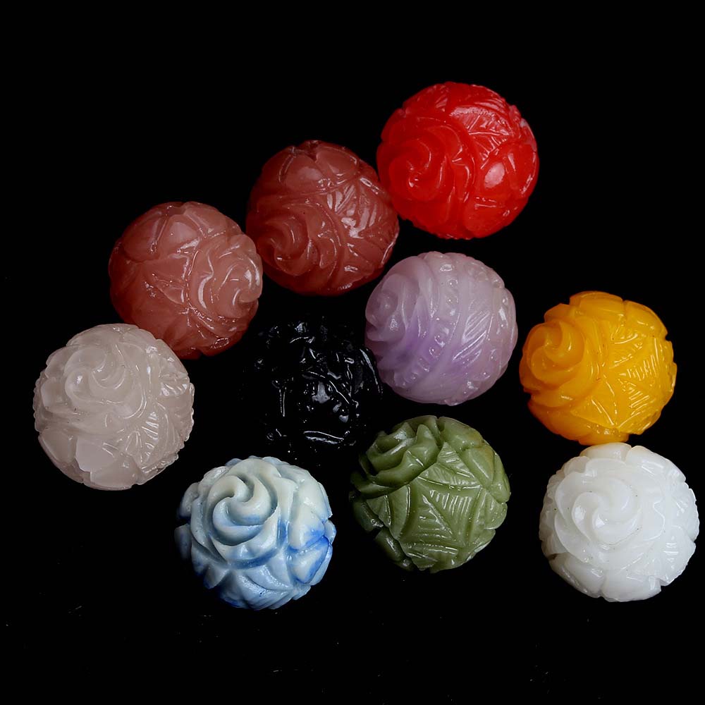 fiasrel 1bundle 10mm Synthetic Stone Powder Double-Sided Rose Carved Round Bead