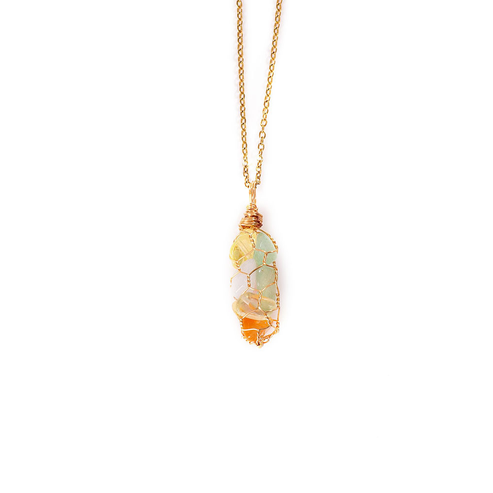 fiasrel Rainbow Stone Net Necklace Genuine Natural Crystal Chip Pendant with Handcrafted Copper Wire Wrapped Collarbone Chain