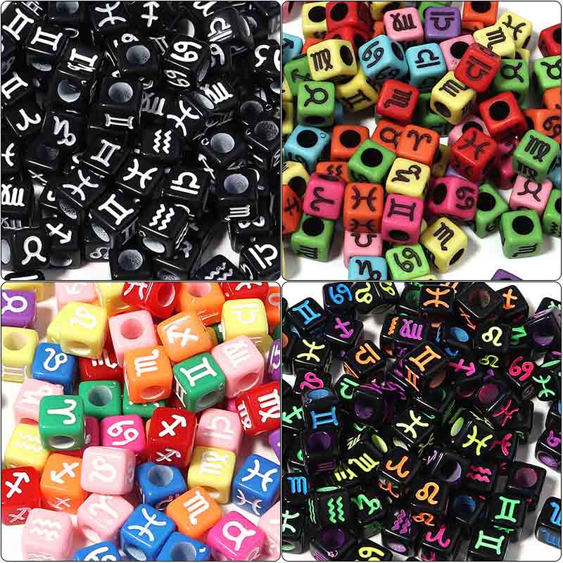 fiasrel 1bundle Acrylic Zodiac Square Beads – 7mm Large-Hole Letter Beads for DIY Jewelry Making