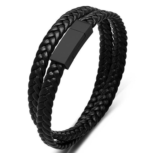 Fiasrel Vintage Double Layer Synthetic Woven Black Leather Magnetic Stainless Steel Wrap Bangle Bracelet for Men