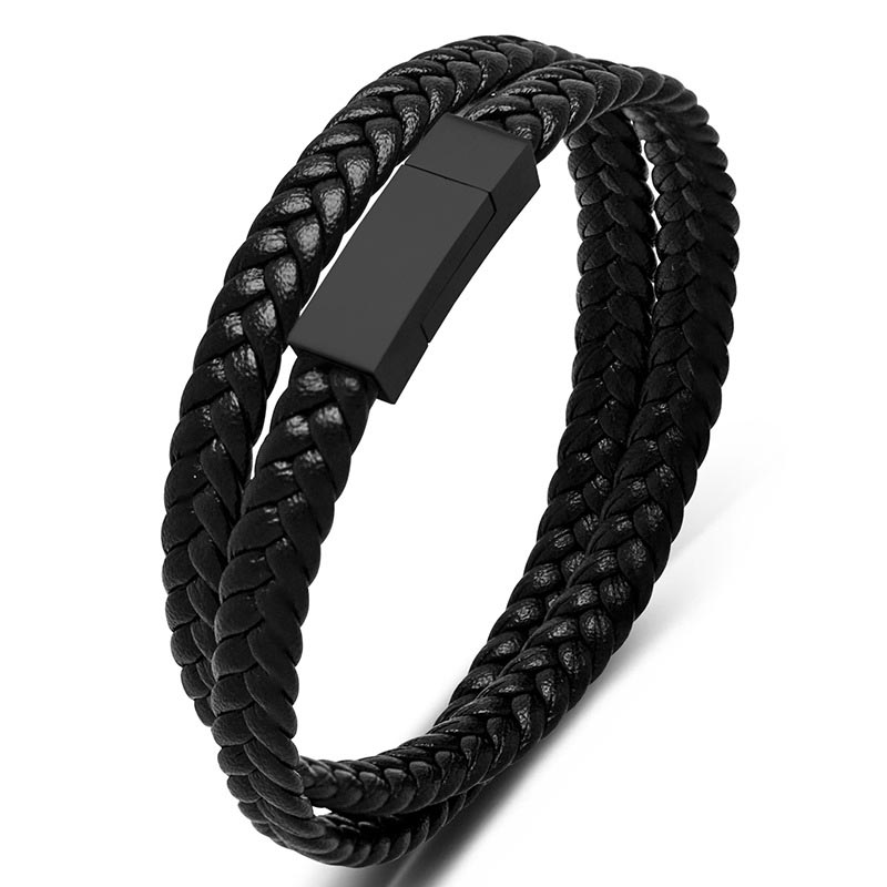 Fiasrel Vintage Double Layer Synthetic Woven Black Leather Magnetic Stainless Steel Wrap Bangle Bracelet for Men