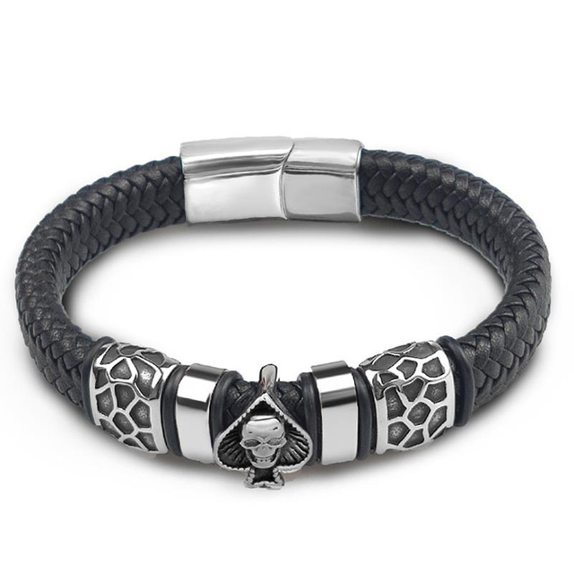 Fiasrel Retro Multi-layer Leather Supper Fiber Woven Titanium Steel Ghost Head Magnetic Bracelet