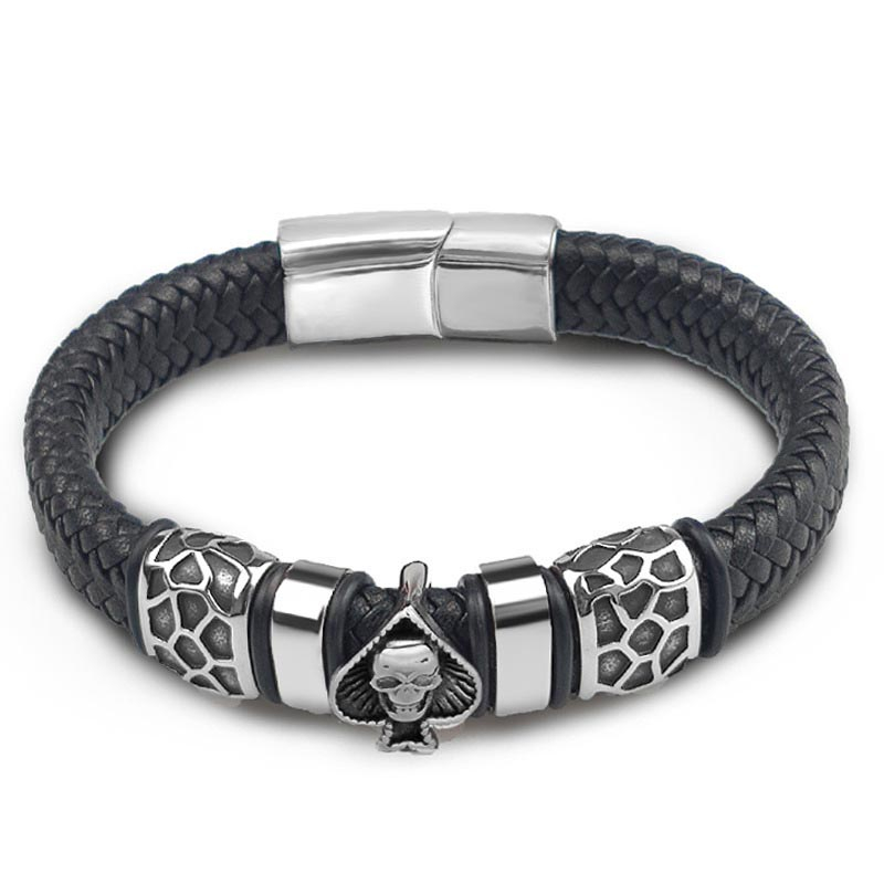 Fiasrel Retro Multi-layer Leather Supper Fiber Woven Titanium Steel Ghost Head Magnetic Bracelet