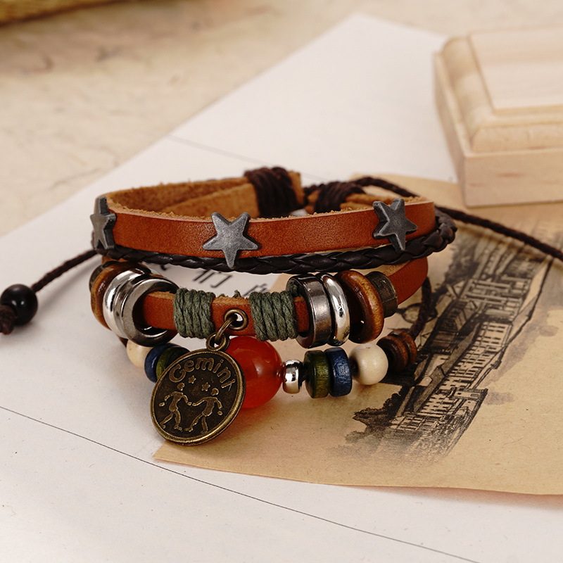 Fiasrel 12 Constellations Bracelet Red Agate Bracelet Punk Retro Rivet Jewelry Unique Multi layered Bracelets