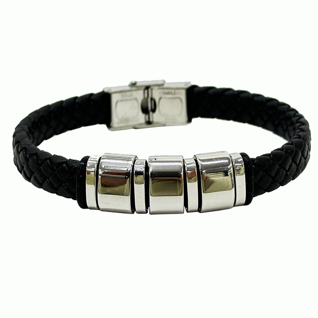 Fiasrel Custom Name Simple Design Men Jewelry Stainless Steel Charm Black Microfiber Leather Bracelet