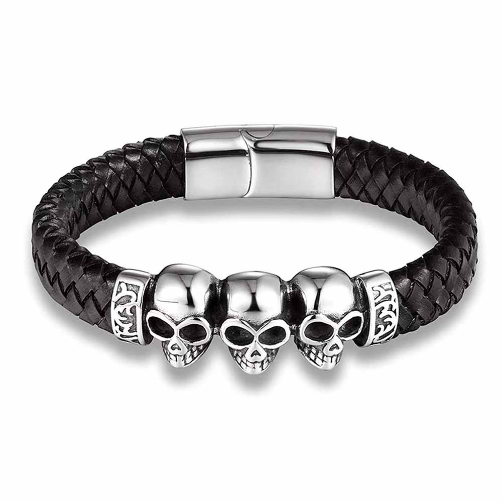 Fiasrel Stainless Steel Skull Bracelets Magnetic Buckle Mens Genuine Leather Bracelet