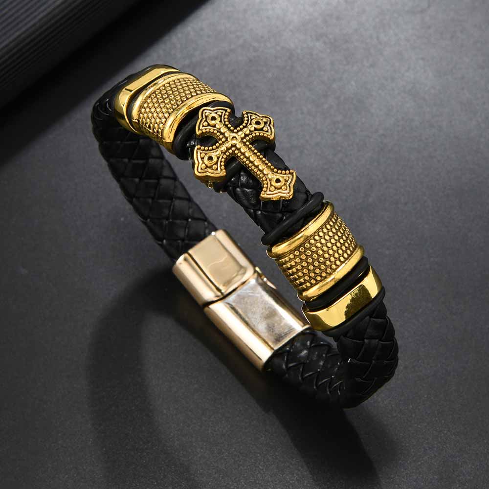 Fiasrel Stainless Steel Gold Plated Magnetic Christian Cross Leather Bracelets