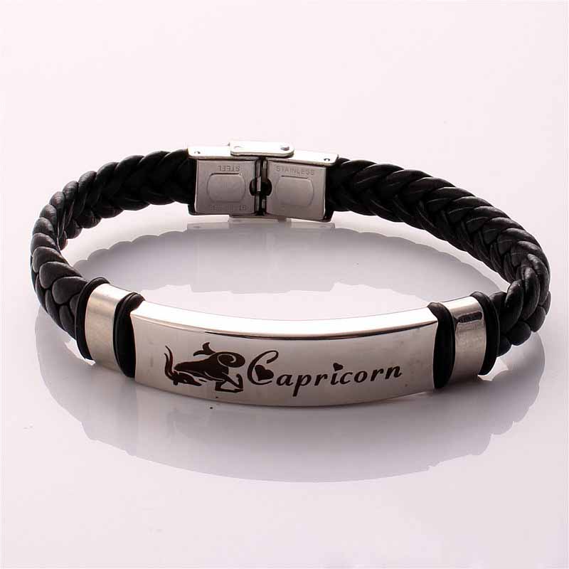 Fiasrel Twelve Constellations Bracelet Adjustable Size Leather Woven Rope Stainless Steel Bracelet