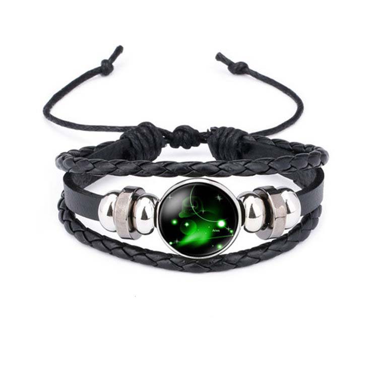 Fiasrel Handmade Adjustable PU Leather Charm Glow In Dark Horoscope 12 Zodiac Signs Bracelet