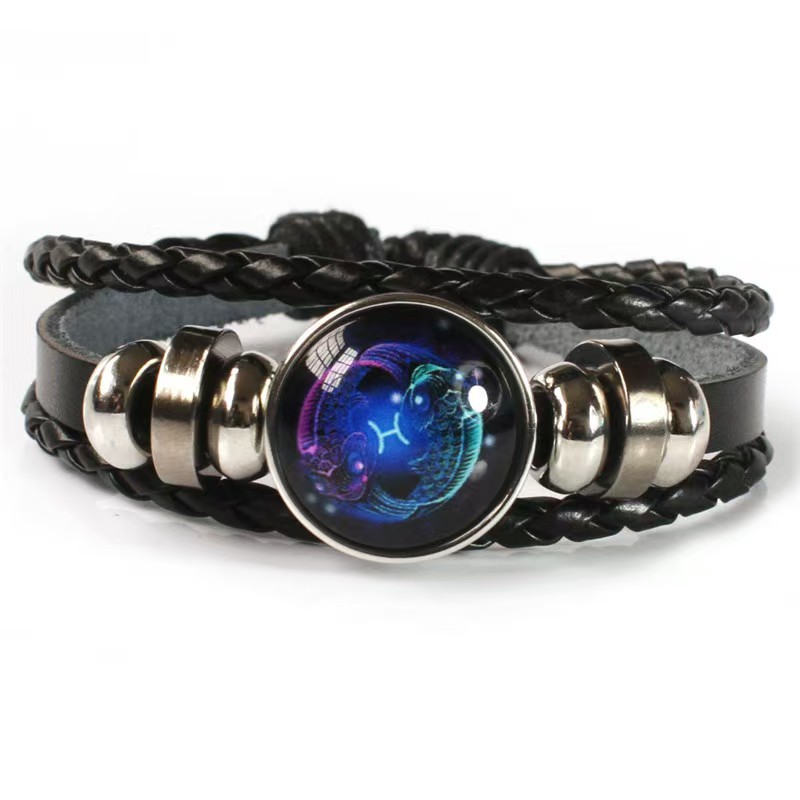 Fiasrel 12 Constellations Multi Layer Woven Glow in Dark Fashion Punk Cowhide Star Bracelet