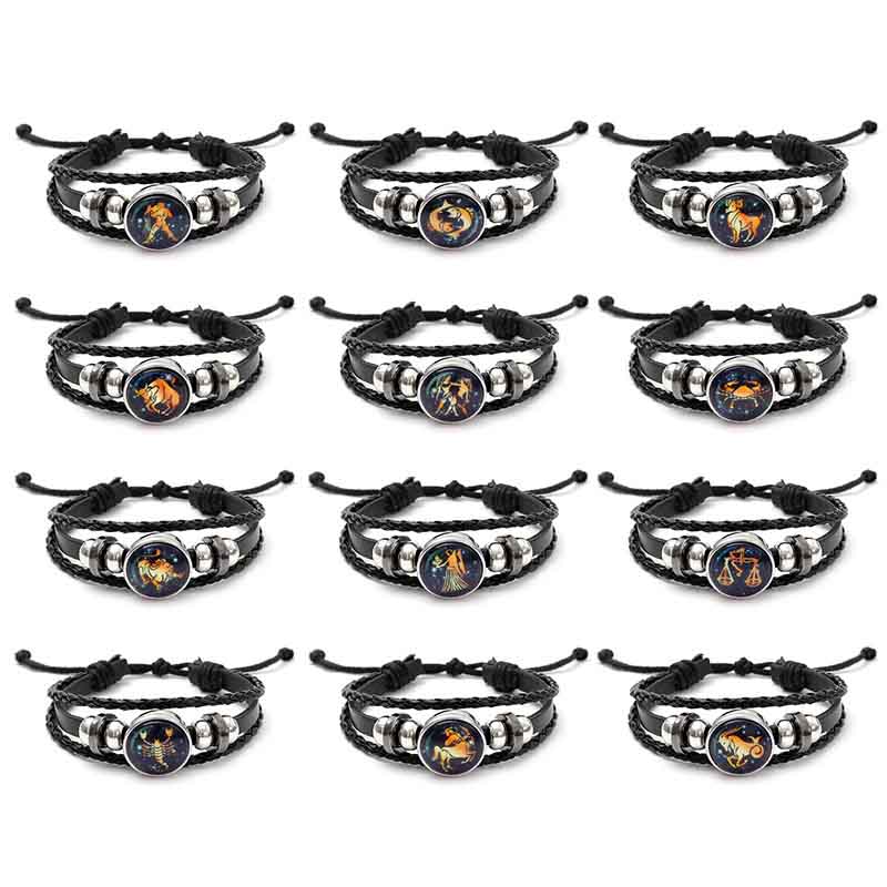 Fiasrel 12 Zodiac Bracelet Mens Bracelets Handmade Charm Leather Bracelet