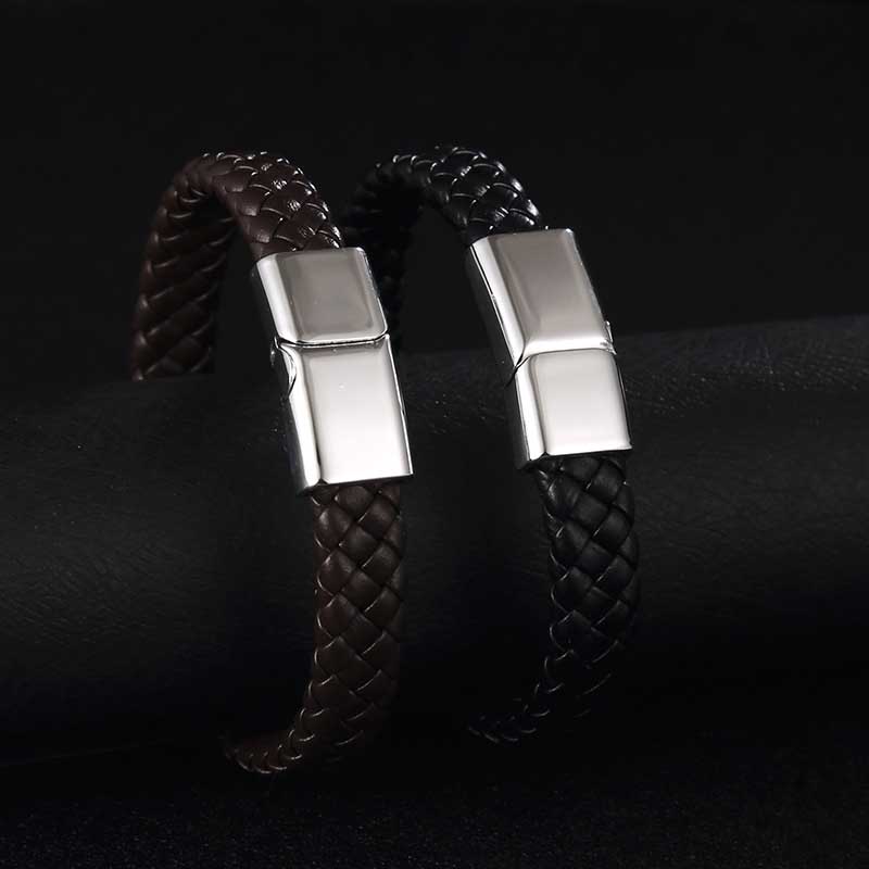 Fiasrel Jewelry Handmade Woven Genuine Leather Band Bracelet With Button Magnet Buckle