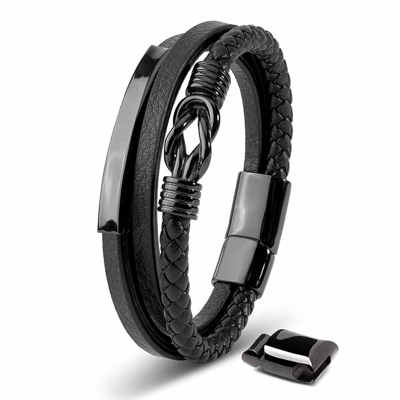 Fiasrel Stainless Steel Charm Leather Woven Vintage Creative Multi-layer Stainless Steel Bracelet with Magnet Clasp