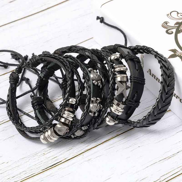 Fiasrel 6pcs/Set Domineering Punk Charm Bracelet Adjustable Lucky Star Wrap MultiLayer Leather Bracelet