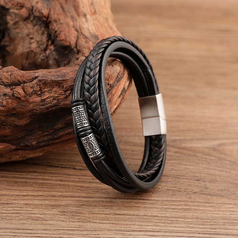 Fiasrel Multi Layer Vintage Pu Leather Bracelet Stainless Steel Spacer Beads Stackable Braided Leather Bracelet