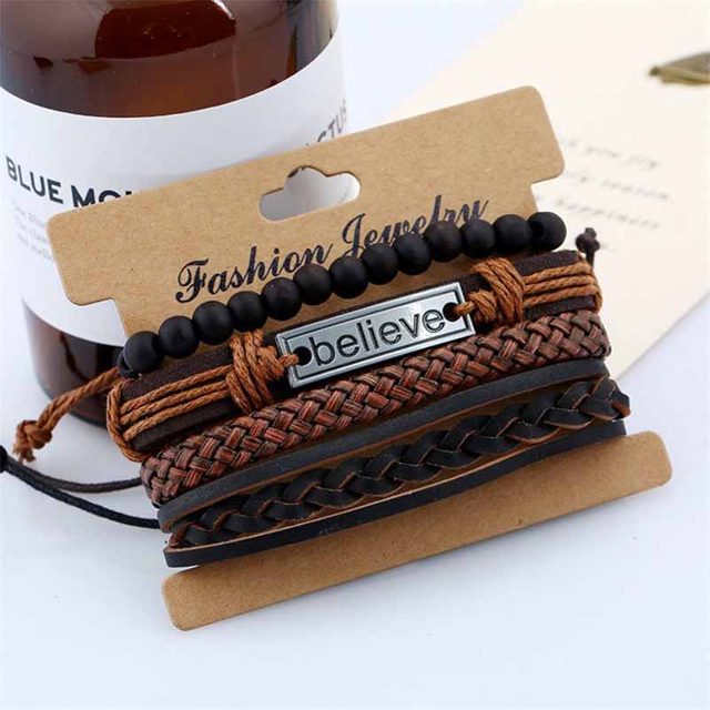 Fiasrel 4pcs/set Multi Layers Stone Beads Believe Braided Leather Bracelet Kit Cowhide Feather Bracelet Set